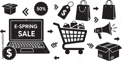 E-commerce sale icons and shopping cart graphics online store