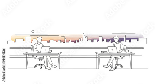 Two people working on laptops at desks with city skyline in background.