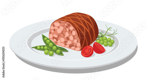 Realistic food illustration of a sliced meatloaf served on a white plate with fresh green peas and sliced red cherry tomatoes.