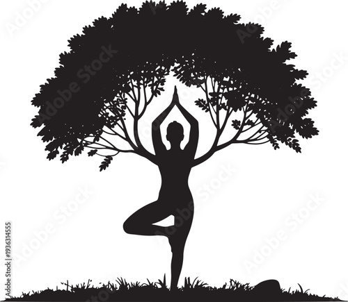Minimalist Yoga Tree Pose Line Icon, Symbol for Wellness and Mindfulness App. Young Woman Practicing Yoga Tree Pose in Bright Modern Studio, Balance and Meditation Exercise