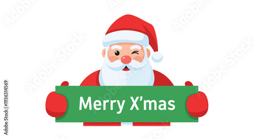 Friendly winking Santa Claus character holding a long green banner with merry x-mas text against a plain white background.
