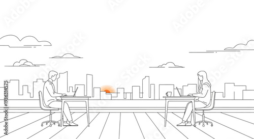 Two people working on laptops at desks with city skyline in background.