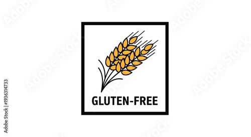 Square line art label featuring an ear of wheat and gluten-free text for food allergy awareness and product packaging labels.