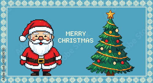 Charming Christmas greeting card in pixel art style with a jolly Santa standing next to a decorated tree within a snowflake border.
