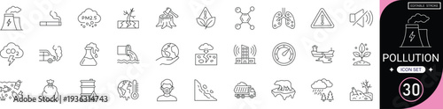 pollution Line Icon Set air, water, plastic, waste, smog, toxic, global warming, environment, nature, ecosystem; editable line icons, vector illustration for environmental design.