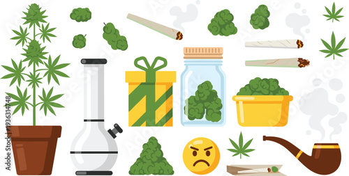 Cannabis Culture and Botanical Herb Set Featuring Potted Plant Buds Bong Pipe and Rolled Joints with Smoke