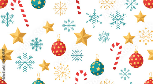 Cheerful seamless pattern with colorful christmas ornaments gold stars candy canes and snowflakes over a plain white background.