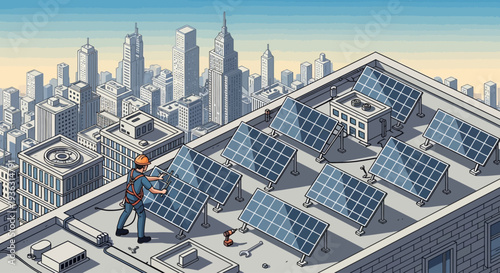 Urban rooftop solar panel installation with city skyline background.