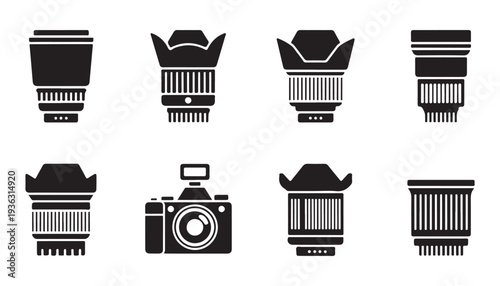 Collection of camera lenses and one professional dslr camera icon set isolated on white background