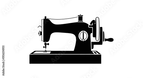 Vintage Sewing Machine Silhouette Isolated on White Background.