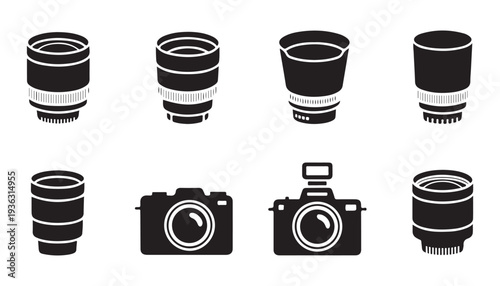Camera lenses and body set isolated icon collection representing professional digital equipment gear