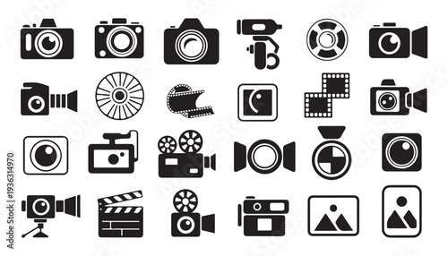 Video production and cinema equipment icons set featuring cameras film reels and multimedia symbols