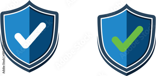 Security shield icons with checkmark symbols for protection and safety verification. Vector illustration of security shield signs, lock security icons, and shield icons with checkmark.