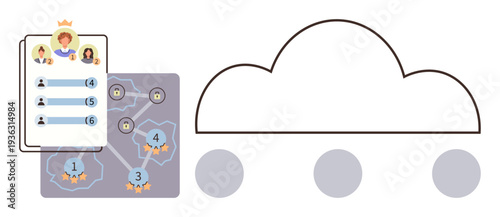 Gamification, digital learning, collaboration tools, team management, task organization, cloud technology. A leaderboard with user rankings next to a cloud design. Gamification and digital learning