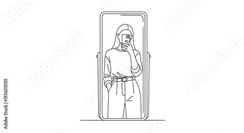 Woman taking a selfie in a full length mirror illustration.