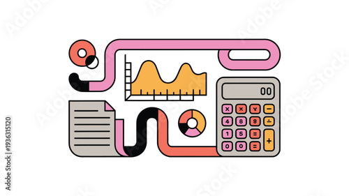 Calculator icon with graph and document illustration for business finance