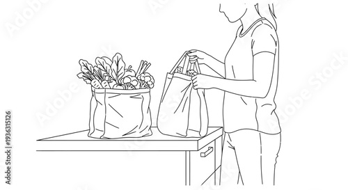 Woman unpacking groceries from paper bags onto a table.