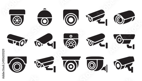 CCTV camera vector icons set. Security and surveillance video camera system symbols collection