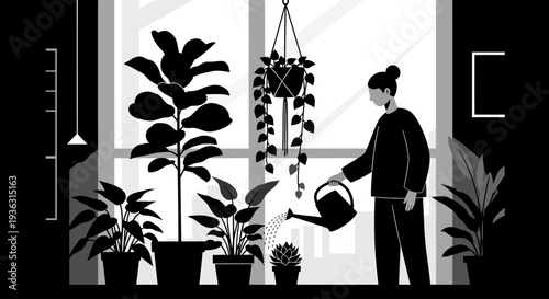 Woman watering houseplants in a bright room silhouette.
