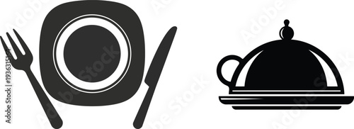 Black and white illustration of a plate with utensils and a covered dish