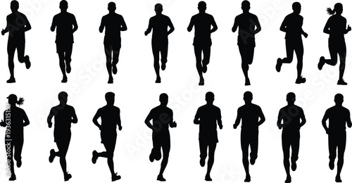 Running silhouettes collection featuring diverse athletic poses, forward stride motion, jogging, sprinting, and fitness training vector illustration design projects