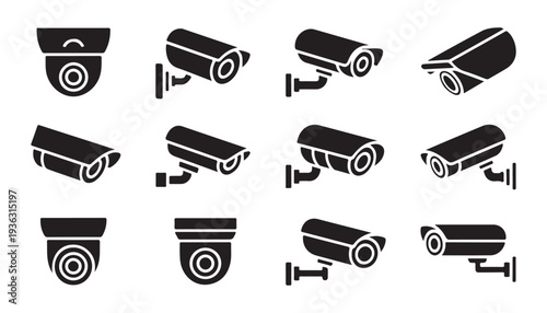 CCTV camera vector icons set. Security and surveillance video camera system symbols collection