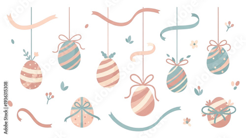 Happy Easter decoration elements, pastel colored eggs with ribbons and flowers