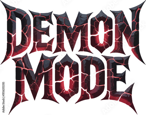 Cracked red and black demon mode text with sharp edges and dark background