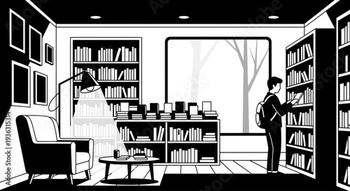 Young person choosing a book from a library bookshelf.