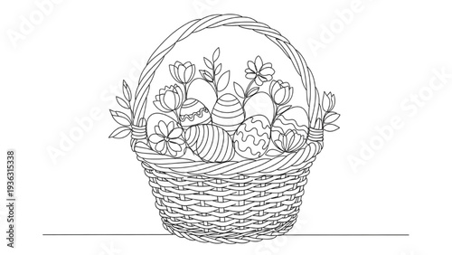 Easter basket full of intricately decorated eggs and spring flowers, a festive celebration