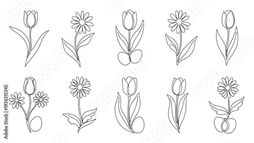 Set of line drawings of flowers with easter eggs, simple floral and spring illustrations