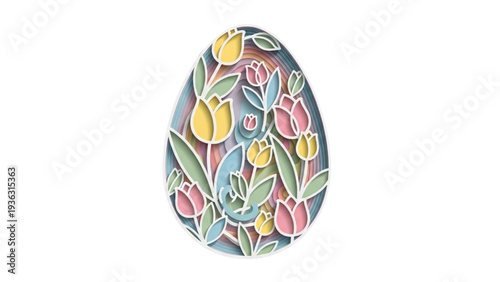 Delicate paper cut Easter egg illustration with pastel floral patterns, perfect for spring holiday greetings