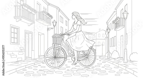 Young woman riding a bicycle down a cobblestone street.