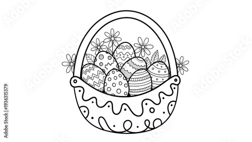 Easter basket with decorated eggs and flowers, a simple black and white outline drawing