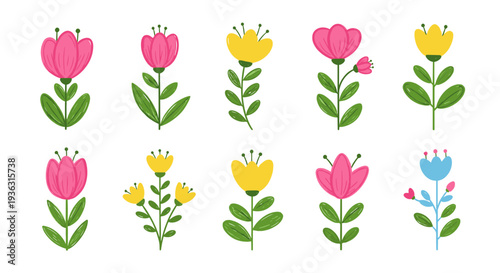 Collection of colorful cartoon flowers in various stages of bloom.