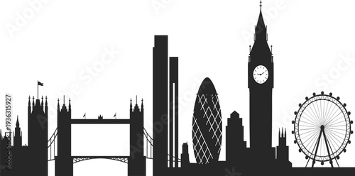 London city skyline vector silhouette with Tower Bridge, Big Ben, Ferris wheel, and modern architectural landmark buildings