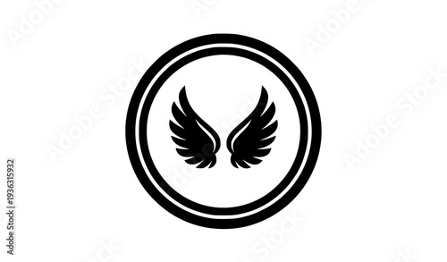 Angel wings emblem icon with feather symbol minimal flat vector badge isolated on white background