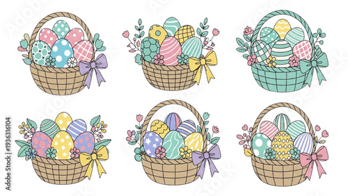 Delightful collection of six Easter egg baskets, each overflowing with charmingly decorated eggs, perfect for spring holiday designs