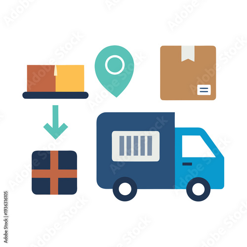 Set of 5 logistics icons vector, delivery truck, package, map pin
