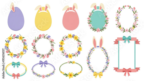 Collection of delightful watercolor Easter eggs, floral wreaths, and festive frames, perfect for spring celebrations and holiday designs