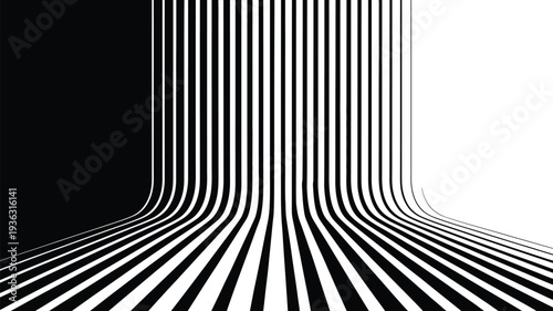 Optical illusion lines create a striking black and white graphic design