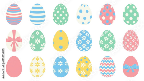 Collection of colorful Easter eggs with various patterns and bows