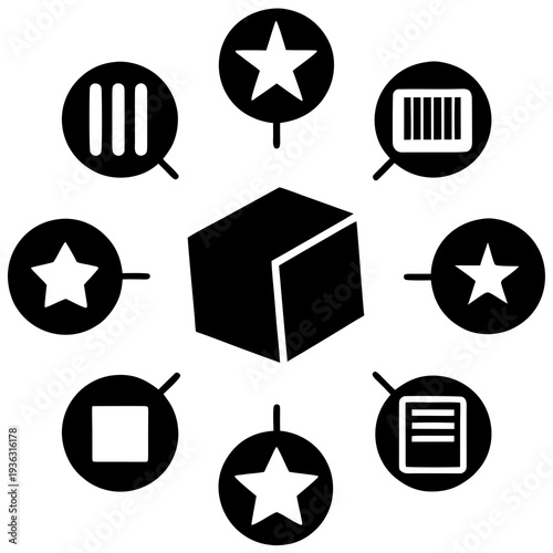 Set of 7 black and white icons, cube, stars, documents