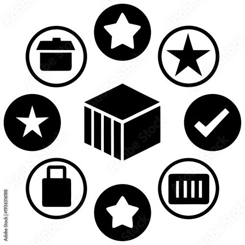 Set of 8 black icons on white background, logistics and rating symbols