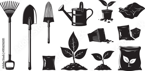 Gardening tools and plants for growing and nurturing outdoors