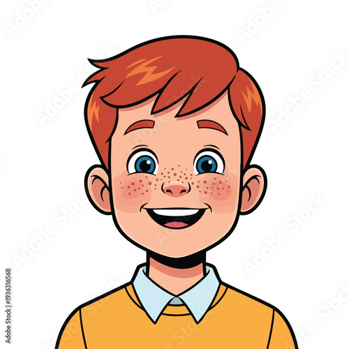Happy Young Boy with Red Hair and Freckles Smiling Cheerfully