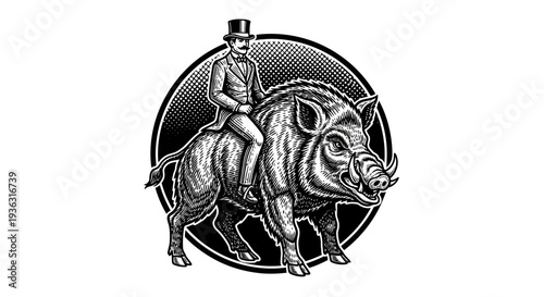 Gentleman in top hat riding a wild boar in vintage engraving style.