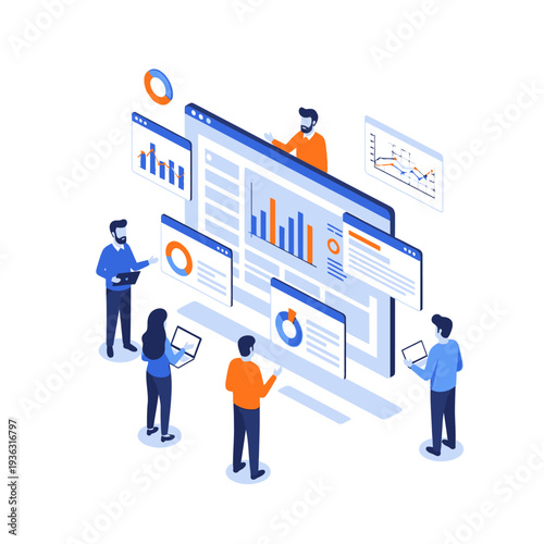 Isometric illustration of a team analyzing data on a large screen.