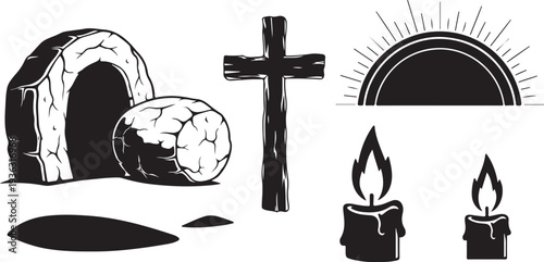 Easter Symbols Illustration with Cross, Tomb, and Candles Burning