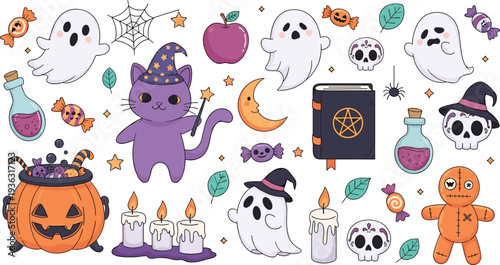 Kawaii Halloween and Mystical Magic Sticker Set Featuring Wizard Cat Ghosts Cauldron and Spooky Spellbook Illustrations